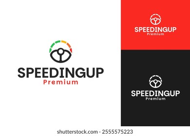 Steering wheel and speedometer logo design template vector illustration idea