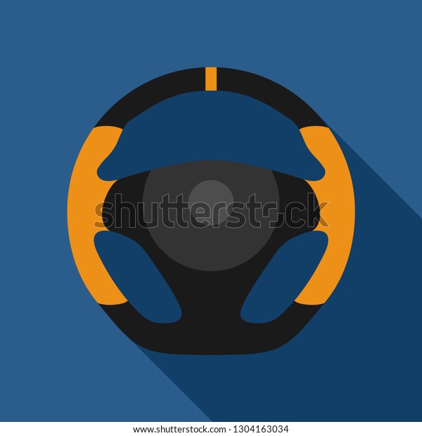 Steering wheel sport car icon isolated on\
yellow background. Car wheel control silhouette, Black auto part\
driving in flat style. Vector\
illustration