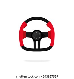 Steering wheel from sport car, retro F1 wheel concept, auto part, element, flat icon, modern symbol, design vector illustration isolated white background, extreme racing, driving logo concept.