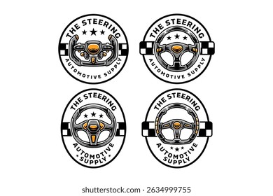 steering wheel sport exclusive car colorful badge logo vector design set for sport, automotive, garage, workshop, spare part, industry. sportive steering wheel illustration emblem logo designs.