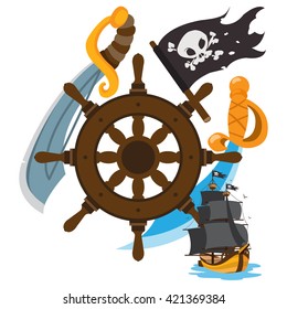 Steering wheel, sword, jolly roger, pirate ship. Graphics Pirate theme.