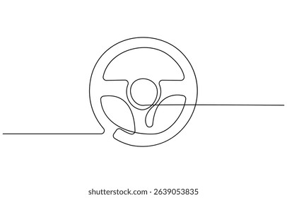 Steering wheel symbol in continuous line drawing style. Abstract background, Minimal illustration. Hand drawn linear silhouette. Outline design, print, banner, card, brochure, poster.