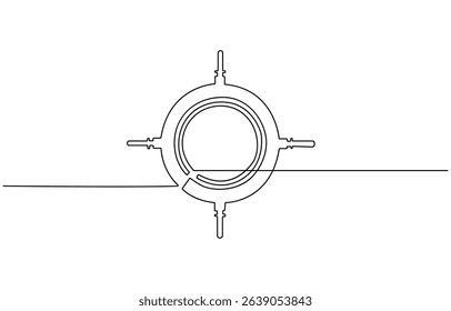 Steering wheel symbol in continuous line drawing style. Abstract background, Minimal illustration. Hand drawn linear silhouette. Outline design, print, banner, card, brochure, poster.