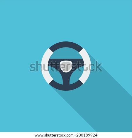 Steering wheel symbol. Vector illustration of flat color icon with long shadow.  