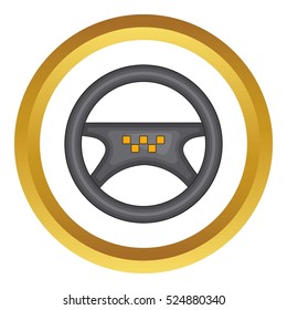 Steering wheel of taxi vector icon in golden circle, cartoon style isolated on white background