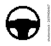 Steering Wheel templates in pixel art style. Black solid vehicle control symbol. Car, boat, labels. Isolated on white background.