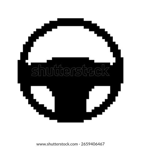 Steering Wheel templates in pixel art style. Black solid vehicle control symbol. Car, boat, labels. Isolated on white background.