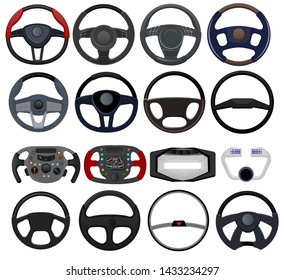 Steering wheel vector car vehicle driving control device in automobile illustration transportation design set of wheeling circle speed equipment isolated on white background