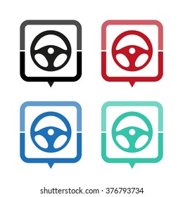 steering wheel - vector icon; map pointer;  message bubble