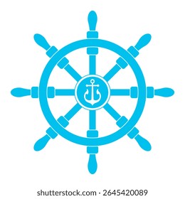 Steering wheel. Vector illustration of blue steering wheel with anchor isolated transparent background. Ideal Summer travel element for fabric textile background template design. EPS 10