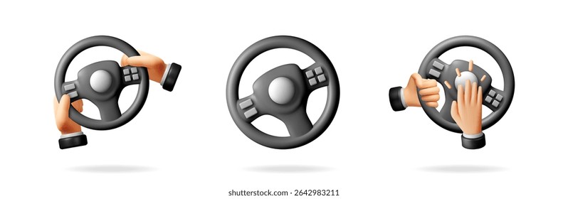 Steering wheel vector illustration set with cartoon hands. Drive concept, car control, and gaming design for web.
