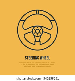 Steering wheel vector line icon. Car racing logo, driving lessons sign. Automobile parts illustration