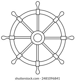 Steering wheel Vector linear illustration. Drawing of Helm from pirate ship painted by black inks on isolated background. Sketch of wooden element for sailing in nautical design. Outline etch for icon