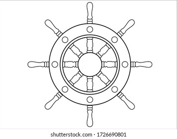 Steering wheel - vector linear picture for coloring. Steering wheel of a ship or yacht - an element for a book of coloring books. Outline. Hand drawing on the theme of the sea and seafaring.