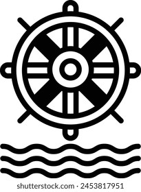 a steering wheel with a white background. The steering wheel is surrounded by water and has a bright, sunny feel to it