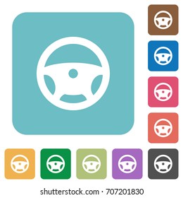 Steering wheel white flat icons on color rounded square backgrounds