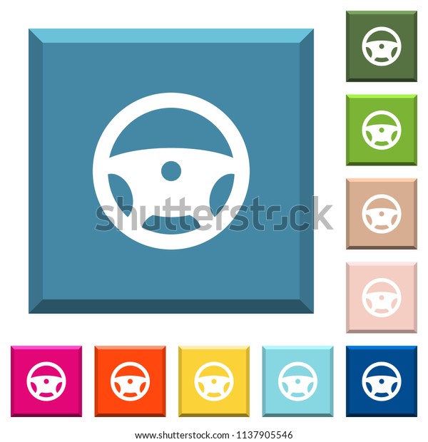 Steering wheel white icons on edged square buttons\
in various trendy\
colors