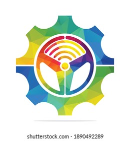 Steering wheel and Wi-Fi signal icon logo design. Steering wheel and gear icon vector logo. 