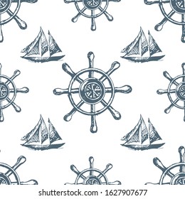 Steering wheel and yachts. Seamless pattern on the theme of travel, adventure and discovery with nautical symbols.