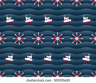 Steering wheels and boats on navy background. Vector seamless pattern