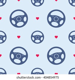 Steering wheels and hearts on blue background. Seamless pattern. EPS8 vector illustration.