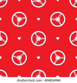 Steering wheels and hearts on red background. Seamless pattern. EPS8 vector illustration.