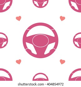 Steering wheels and hearts on white background. Seamless pattern. EPS8 vector illustration.