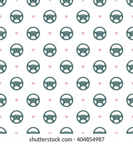 Steering wheels and hearts on white background. Seamless pattern. EPS8 vector illustration.
