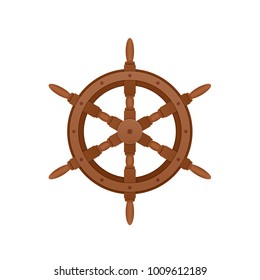 Steering wooden wheel for ship. Control of vessel, boat. Sea voyage on water. Onboard element of ship, boat, cargo water transport. Sea travel elements. Vector illustration.