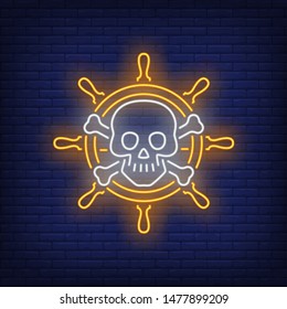 Steering-wheel with skull and crossed bones neon sign. Adventure, danger, journey design. Night bright neon sign, colorful billboard, light banner. Vector illustration in neo n style.
