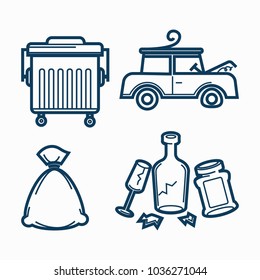 Steet trash can, broken car and useless rubbish set