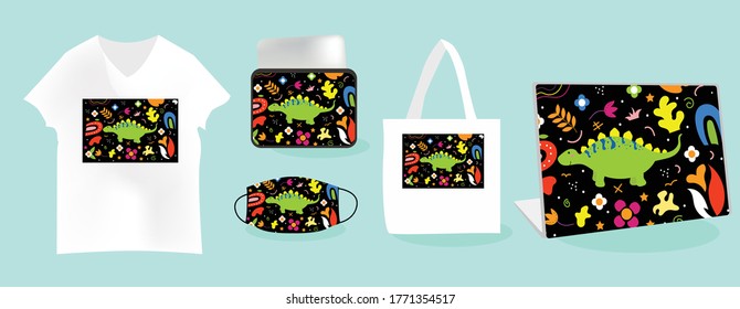 Stegosaurus background with Mockup templates vector illustration. tote bag, pouch, t-shirt, mask, skin laptop