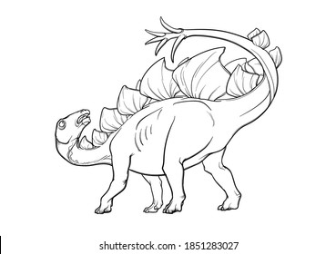 Stegosaurus in defensive position. Black linear hand drawing isolated on a white background. Coloring Book page. EPS10 Vector illustration