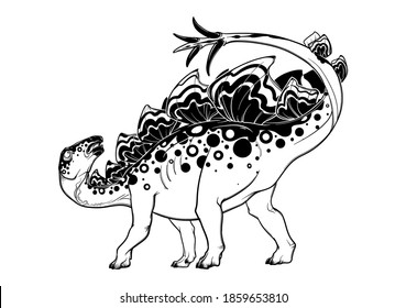 Stegosaurus in defensive position. Black linear hand drawing isolated on a white background. Coloring Book page. EPS10 Vector illustration