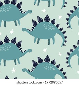 Stegosaurus dino seamless pattern. Hand drawn vector illustration for fabric or packaging design.