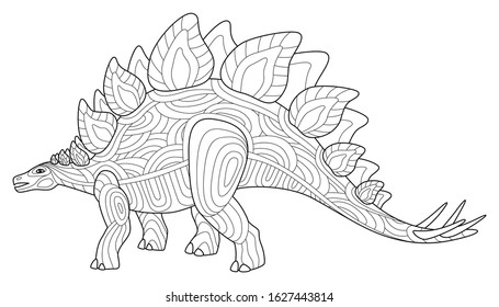 Stegosaurus dinosaur adult coloring book page. Vector lineart illustration isolated on white background. Adult anti stress coloring book page with doodle and zentangle elements.