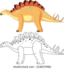 Stegosaurus dinosaur with its doodle outline on white background illustration