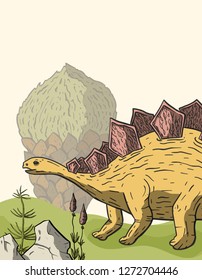 Stegosaurus Dinosaur in its habitat. Jurassic and Cretaceous animal. Prehistoric vector dino card.