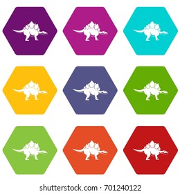 Stegosaurus dinosaur icon set many color hexahedron isolated on white vector illustration