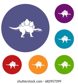 Stegosaurus dinosaur icons set in flat circle red, blue and green color for web