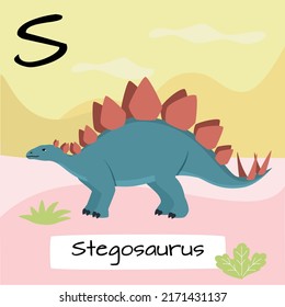 Stegosaurus dinosaur. Letter S. Children's alphabet education. Vector illustration of a prehistoric dinosaur.