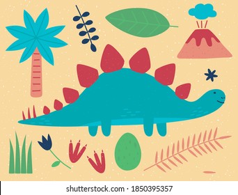 Stegosaurus. Dinosaur and palmtree, volcano, egg, leaves, animal tracks, grass.