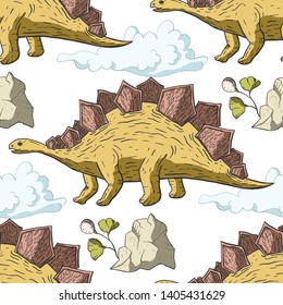 Stegosaurus Dinosaur seamless pattern. Jurassic and Cretaceous animal. Prehistoric vector dino seamless pattern.