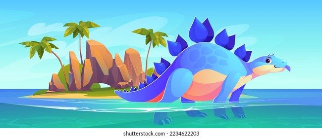 Los dinosaurios estegosaurios se paran en el agua del mar en el fondo de una isla tropical con palmeras. Animales salvajes prehistóricos, criaturas antiguas de época jurásica. Monstruo de dino paleontológico, ilustración vectorial de caricatura