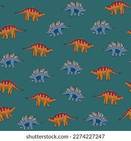 Stegosaurus dinosaur vector illustrations seamless pattern.