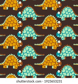 Stegosaurus dinosaurs seamless pattern vector. Childish dinosaurs in natural orange and green colors isolated on deep brown background. Surface design perfect for kids apparel, pillow, textile, etc