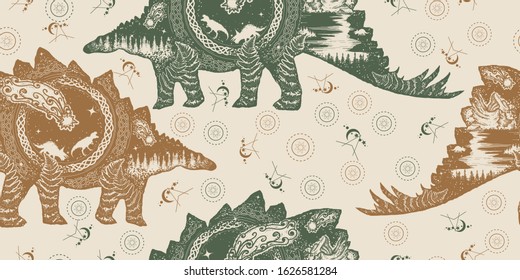 Stegosaurus double exposure. Seamless pattern. Packing old paper, scrapbooking style. Vintage background. Medieval manuscript, engraving art. Comet has destroyed dinosaurs. Symbol of prehistoric 