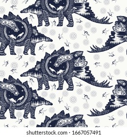 Stegosaurus double exposure. Seamless pattern. Packing old paper, scrapbooking style. Vintage background. Medieval manuscript, engraving art. Comet has destroyed dinosaurs. Symbol of prehistoric