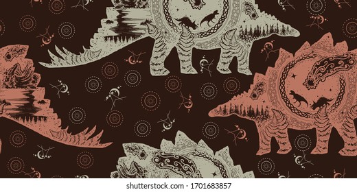 Stegosaurus double exposure. Seamless pattern. Packing old paper, scrapbooking style. Vintage background. Medieval manuscript, engraving art. Comet has destroyed dinosaurs. Symbol of prehistoric 