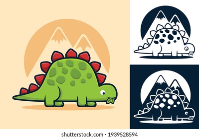 Stegosaurus eating leaves on volcanoes background. Vector cartoon illustration in flat icon style